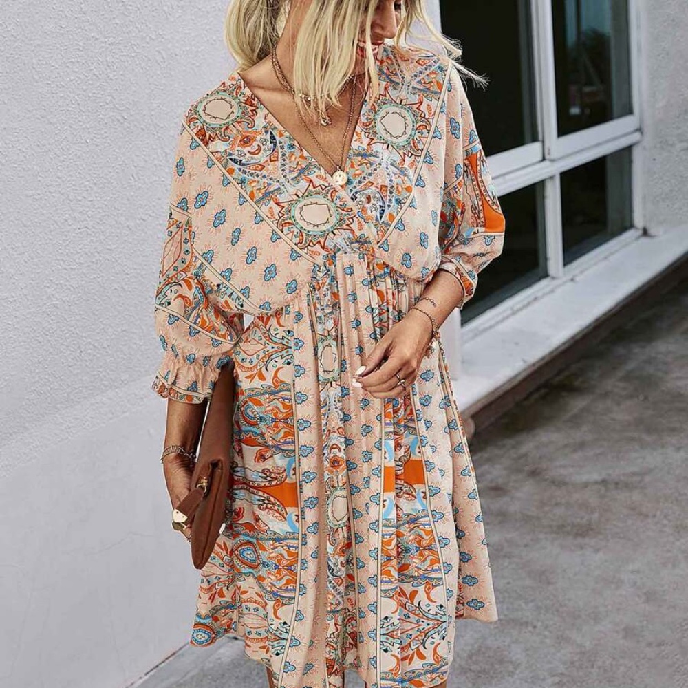 Boho Blue Orange Paisley V neck Gypsy Mini Dress - Picture 10 of 16